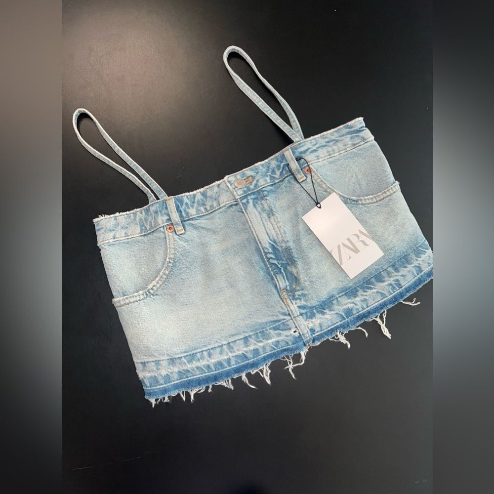 ZARA Cropped Denim Distressed Raw hem Spaghetti Strap Top Small NWT Streetwear